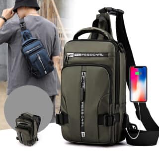 Sac à dos bandoulière pour homme avec port USB et téléphone. Il y a également un homme portant le sac sur son dos à gauche de l'image.