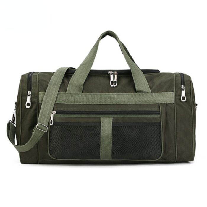 Sac de sport à bandoulière en toile pour femme vert sur fond blanc.