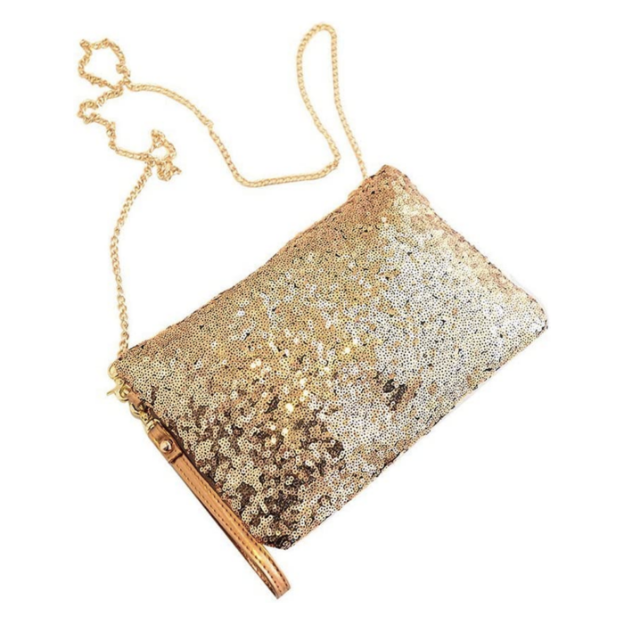 Photo d'un sac à paillette doré avec une bandoulière en chaine