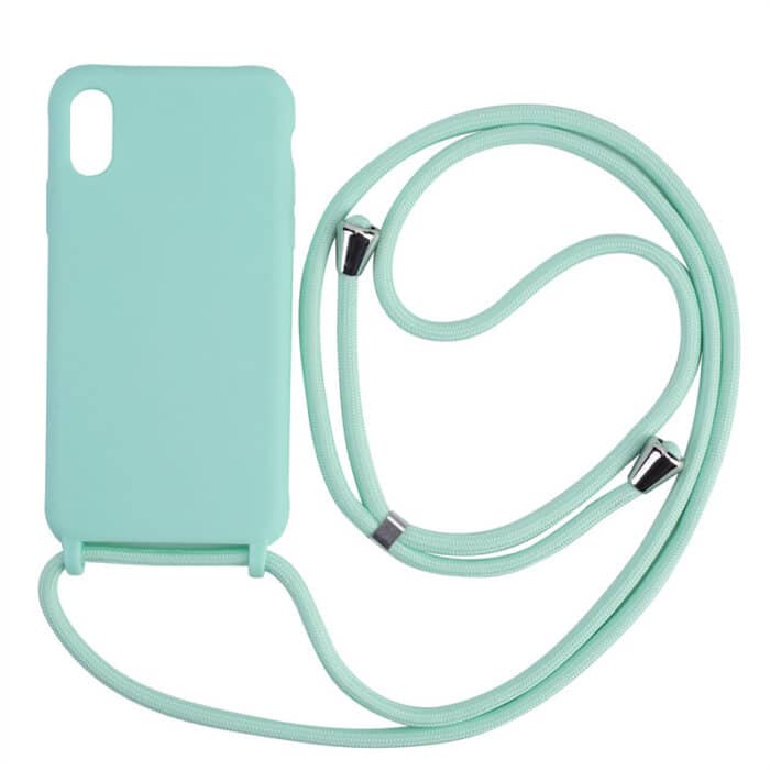 coque pour smartphone bleue turquoise avec bandoulière en nylon assortie et réglable sur fond blanc