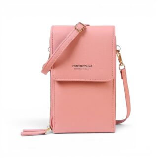 Petit sac bandoulière en cuir rose pour téléphone et cartes de paiement.