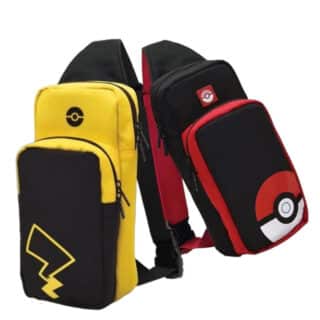 2 sacs à dos bandoulière Pokemon Pokeball. Un jaune et noir Pikachu et un Noir et rouge Pokeball sur fond blanc.