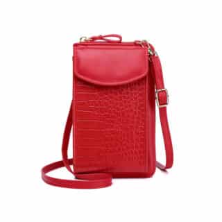 mini sac bandoulière pochette tout-en-un rouge en cuir synthétique sur fond blanc