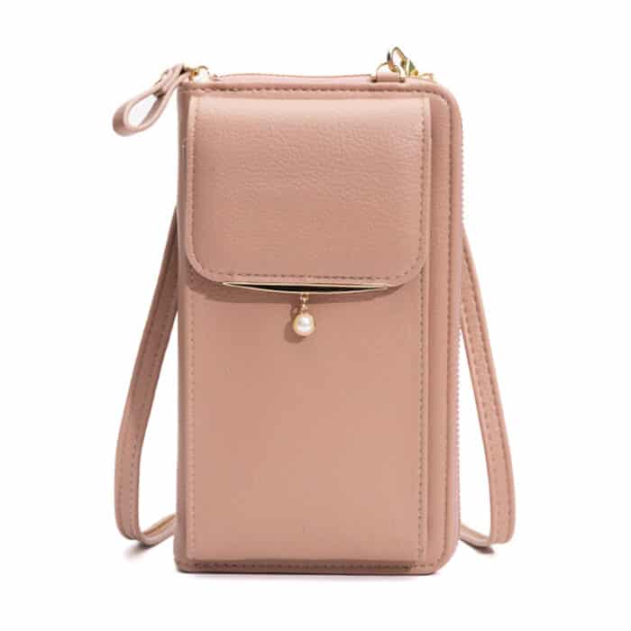 pochette sac bandoulière tout-en-un pour smartphone et portefeuille rose avec perle sur fond blanc
