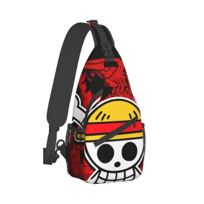 sac à dos bandoulière one piece avec tête de mort, chapeau de paille, fond rouge.