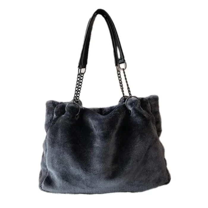 grand sac fourre tout peluche gris avec anses en chaine