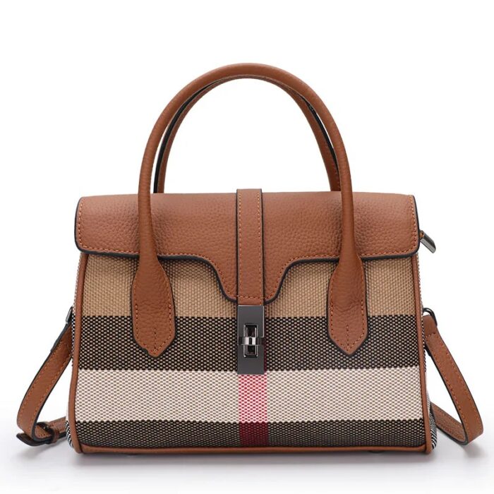 sac à main bandoulière en cuir véritable et canva marron