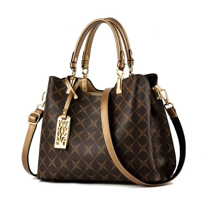 sac à main bandoulière en cuir marron et doré avec motifs