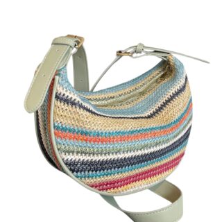 sac bandoulière demi-lune en paille multicolore bandoulière vert sauge