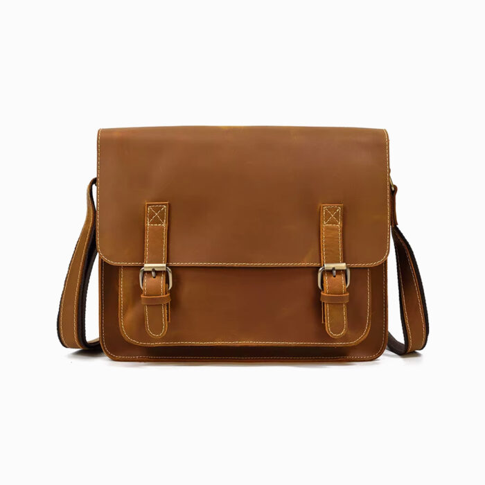 sac bandoulière cartable en cuir marron pour homme avec deux boucles de fermeture