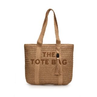 sac bandoulière de plage en paille tressée marron style tote bag avec pompon