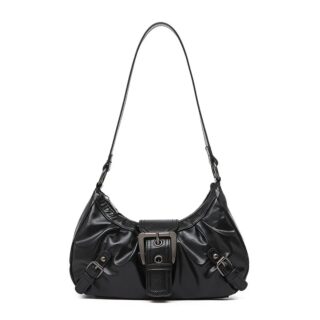 sac bandoulière rétro hobo effet cuir lisse noir sur fond blanc