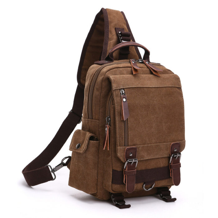 sac bandoulière en toile marron style aventurier poches à sangle