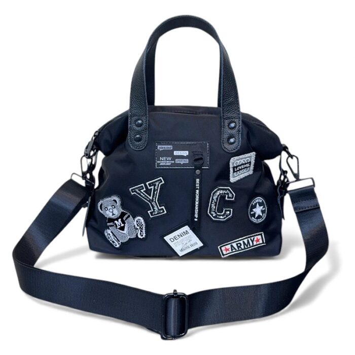 Sac bandoulière de voyage en nylon imperméable bleu marine avec patchs