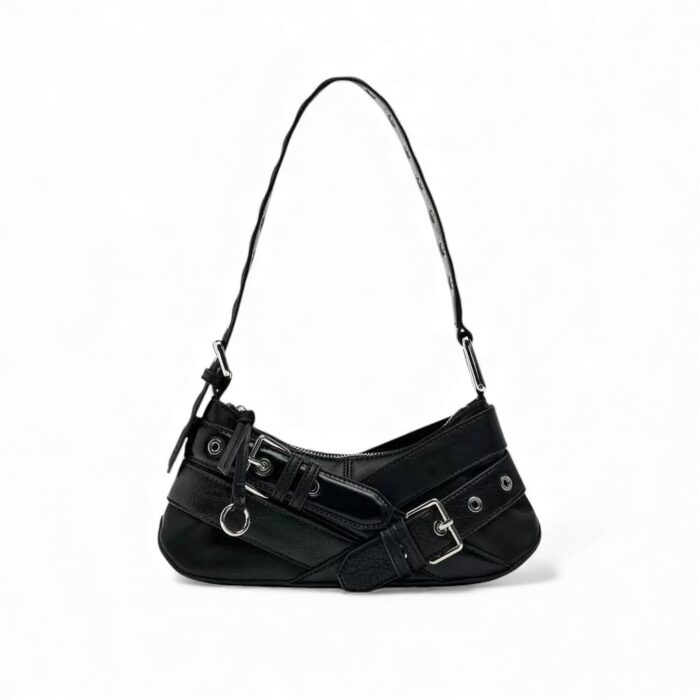 petit sac à main bandoulière en cuir noir avec boucles de ceinture