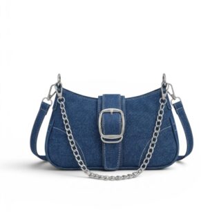 sac bandoulière baguette en jean bleu avec boucle et bandoulière chaine
