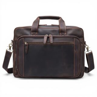 Cartable bandoulière cuir véritable Crazy Horse pour ordinateur 17 pouces marron foncé