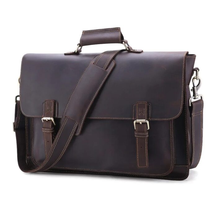 sac bandoulière ordinateur 17 pouces marron foncé en cuir véritable style vintage avec 2 boucles