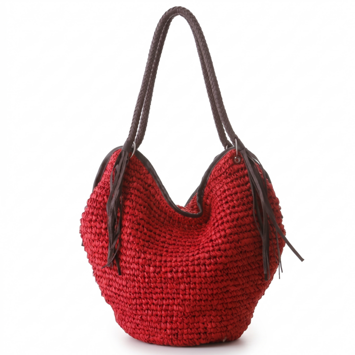 Sac Bandoulière en Paille Tressée et franges sac bandouliere paille rouge