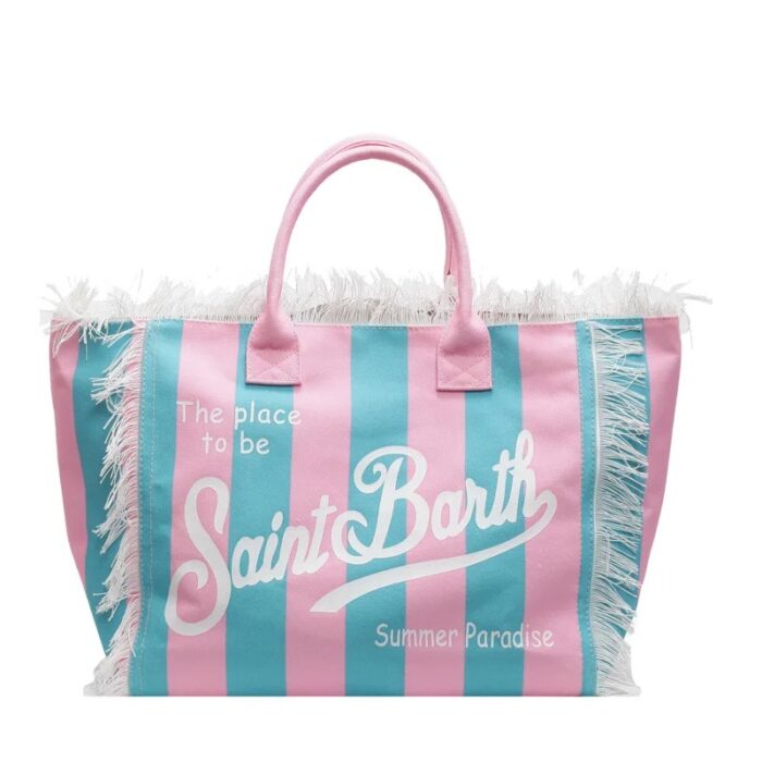 sac de plage bayadère rose et bleu à franges ecritures Saint Barth