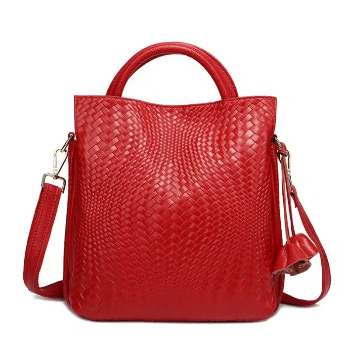 Sac à main en cuir véritable tressé rouge avec bandoulière amovible
