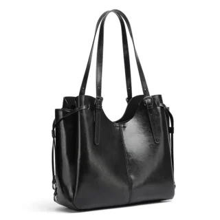 Accueil Sac cabas en cuir de vachette ciré noir, style vintage
