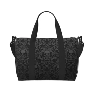 Accueil Sac de voyage bandoulière noir imprimé crânes gothique, vue de face