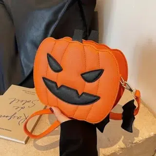 Accueil Sac citrouille Halloween orange en relief avec breloque chauve-souris, sourire diabolique