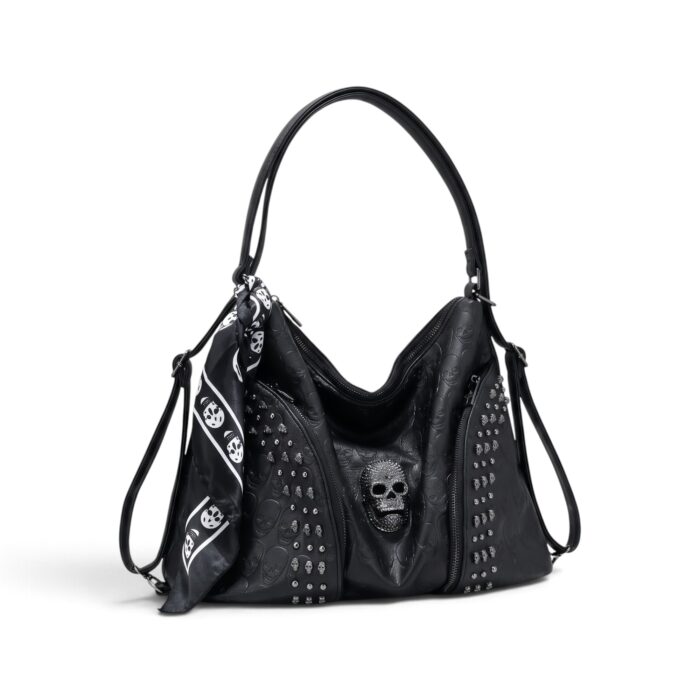 sac bandoulière en cuir noir clous tête de mort