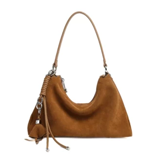 Accueil Sac hobo femme en cuir velours camel avec breloque pompon, anse et fermeture zippée argentée