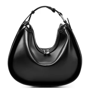 Accueil Sac hobo femme en cuir véritable noir, forme croissant avec anse et fermeture zippée argentée