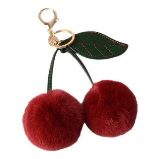 Accueil Porte-clés cerise à pompons bordeaux et feuille verte