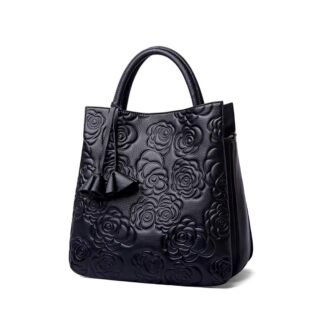 Accueil sac à main bandoulière camélias noir en cuir
