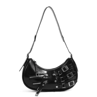 Accueil Sac bandoulière femme style motard Y2K noir à boucles