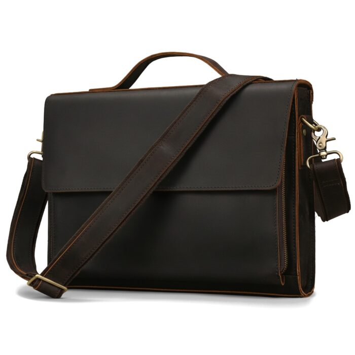 Sac bandoulière homme cuir véritable pour ordinateur 14 pouces marron foncé