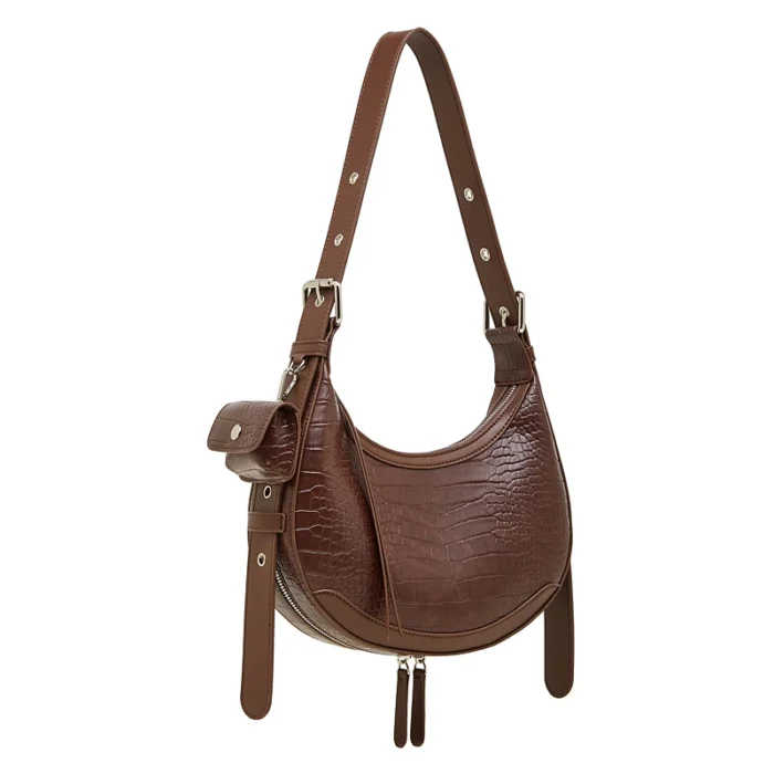 sac-demi-lune-femme-effet-croco-marron Sac demi-lune femme en cuir effet croco marron