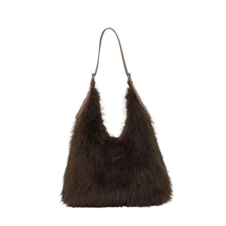 Accueil Sac hobo femme marron foncé effet fourrure douce, anse à boucle