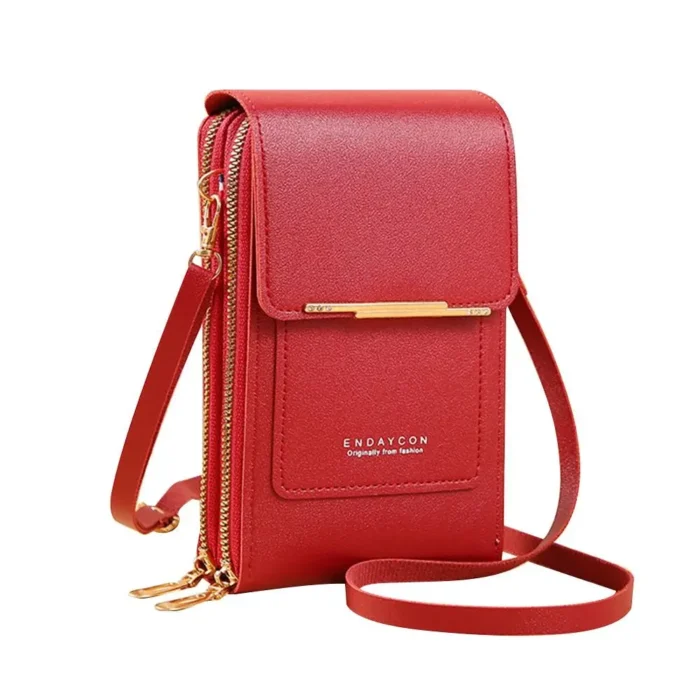 Sac bandoulière téléphone femme rouge en simili cuir à fenêtre tactile